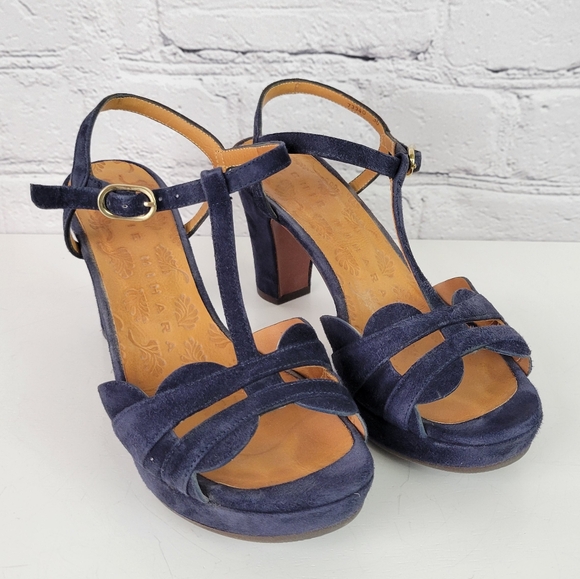 CHIE MIHARA Blue Suede T-strap Strappy Platform Sandals - Picture 2 of 13